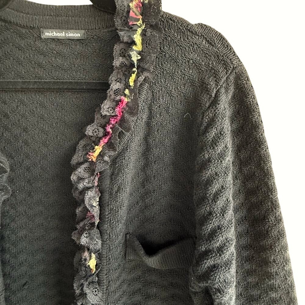 Vintage Michael Simon Cardigan Sweater Floral Ruffle Trim Textured Cardi Women M - Picture 2 of 7